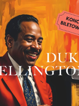 Na zdjęciu widoczny jest portret Duke'a Ellingtona, znanego muzyka jazzowego. Ma na sobie czerwony garnitur i krawat. Tło to kolorowy abstrakcyjny obraz.