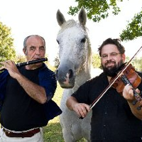 Dwóch mężczyzn grających na instrumentach i stojący pomiędzy nimi biały koń.