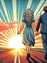 Dwoje ludzi trzyma się za ręce i kieruje się w stronę słońca, które jest na linii horyzontu