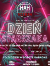 Plakat reklamujący wydarzenia utrzymany w różowej kolorystyce, pośrodku napis Dzień Starszaka, dookoła liście palm.