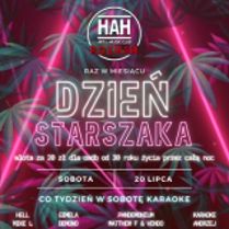 Plakat reklamujący wydarzenia utrzymany w różowej kolorystyce, pośrodku napis Dzień Starszaka, dookoła liście palm.