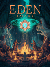 Grafika przedstawia fantastyczny las pełen mitologicznych stworzeń i roślin. Na środku lasu pali się ognisko, wokół którego tańczą postacie.