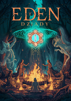 Grafika przedstawia fantastyczny las pełen mitologicznych stworzeń i roślin. Na środku lasu pali się ognisko, wokół którego tańczą postacie.