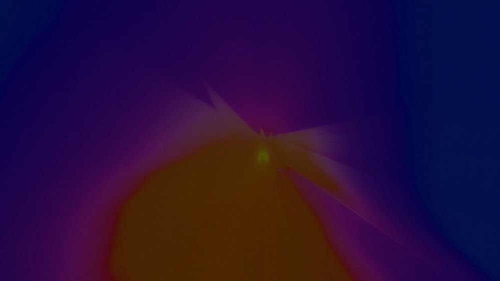 Abstrakcyjna animacja utrzymana w kolorach pomarańczowym i fioletowym. Na środku zdjęcia jasny punkt.