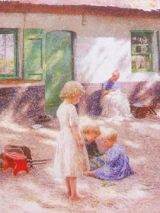 Dzieci bawią się przed domem