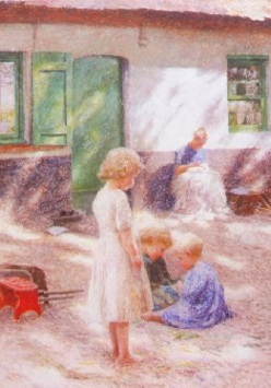 Dzieci bawią się przed domem