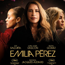 Plakat fimu Emilia Perez, zdjęcie trzech silnych kobiet na czarnym tle.