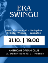 Informacje o koncercie muzyki swing, w tle saksofon.