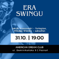 Informacje o koncercie muzyki swing, w tle saksofon.