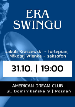 Informacje o koncercie muzyki swing, w tle saksofon.