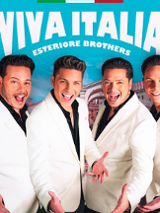 Grupa czterch śpiewaków na tle weneckich uliczek. Plakat Viva Itlaia Esteriore Brothers.