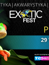 Plakat przedstawia egzotyczną ropuchę. Ma czerwone, duże oczy i czerwone nóżki. Jest zielona i siedzi na liściu.