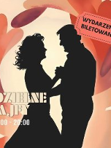 Cień tańczącej pary wokół abstrakcyjna ramka. Napis Niedzielne Fajfy 17:00 - 20:00, wydarzenie biletowane.