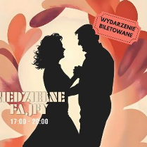 Czarny cień tańczącej pary, wokół abstrakcyjna kolorowa ramka. Napis "Niedzielne Fajfy 17:00 - 20:00, wydarzenie biletowane".