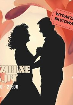 Czarny cień tańczącej pary, wokół abstrakcyjna kolorowa ramka. Napis "Niedzielne Fajfy 17:00 - 20:00, wydarzenie biletowane".