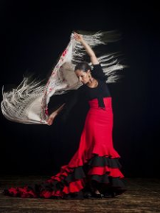 Zdjęcie przedstawia kobietę w tradycyjnym hiszpańskim stroju flamenco, wykonującą taniec. Ma na sobie czarny top, czerwoną spódnicę z czarnymi falbanami i biały szal z kwiatowym haftem. Szal dramatycznie płynie za nią, gdy się obraca, tworząc poczucie ruchu i energii. Jest boso, a jej włosy są zaczesane do tyłu. Tło jest czarne, co wyróżnia kolory jej sukienki i szala.