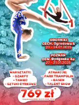 Gimnastyczki w pozach akrobatycznych, na tele ośnieżonych choinek, z boku napisy informujące o półkoloniach.