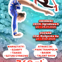 Gimnastyczki w pozach akrobatycznych, na tele ośnieżonych choinek, z boku napisy informujące o półkoloniach.