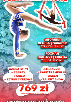 Gimnastyczki w pozach akrobatycznych, na tele ośnieżonych choinek, z boku napisy informujące o półkoloniach.