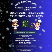 Plakat z ilustracją szefa i szefowej kuchni, z informacjami o warsztatach.