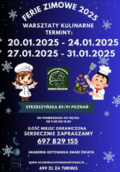 Plakat z ilustracją szefa i szefowej kuchni, z informacjami o warsztatach.