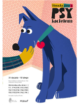 Pies siedzi. Ktoś trzyma dłoń na jego pysku."Literacka zima z PSYjacielem".