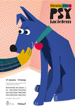 Pies siedzi. Ktoś trzyma dłoń na jego pysku."Literacka zima z PSYjacielem".