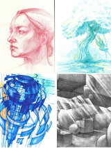 Kilka rysunków i obrazów, przedstawiających budynki, postaci i przedmioty.