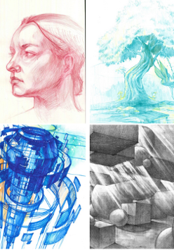 Kilka rysunków i obrazów, przedstawiających budynki, postaci i przedmioty.