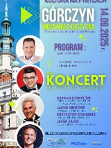 Plakat, który reklamuje Fest Koncert - od Opery po Szlagiery. Z prawej strony zdjęcie ratusza, a na jego tle zdjęcia wykonawców. Po lewej stronie napisy, które informują o wydarzeniu.