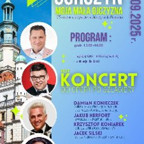 Plakat, który reklamuje Fest Koncert - od Opery po Szlagiery. Z prawej strony zdjęcie ratusza, a na jego tle zdjęcia wykonawców. Po lewej stronie napisy, które informują o wydarzeniu.