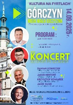 Plakat, który reklamuje Fest Koncert - od Opery po Szlagiery. Z prawej strony zdjęcie ratusza, a na jego tle zdjęcia wykonawców. Po lewej stronie napisy, które informują o wydarzeniu.