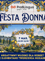 Baner wydarzenia "Festa Donna" z ozdobnym, klasycznym napisem u góry. W centrum widnieje data "7 Mar., 14:30-16:30", a tło przedstawia malowniczy krajobraz z winnicą, cytrusami i dekoracyjną ramą w stylu śródziemnomorskim.