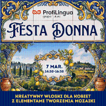Baner wydarzenia "Festa Donna" z ozdobnym, klasycznym napisem u góry. W centrum widnieje data "7 Mar., 14:30-16:30", a tło przedstawia malowniczy krajobraz z winnicą, cytrusami i dekoracyjną ramą w stylu śródziemnomorskim.