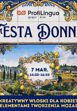 Baner wydarzenia "Festa Donna" z ozdobnym, klasycznym napisem u góry. W centrum widnieje data "7 Mar., 14:30-16:30", a tło przedstawia malowniczy krajobraz z winnicą, cytrusami i dekoracyjną ramą w stylu śródziemnomorskim.