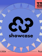 Plakat, w centralnej części liczba 33 w lustrzanym odbiciu, dookoła niej okręgi przypominające płytę CD, pastelowe tło przechodząc od jasnego różu, u dołu plakatu do fioletu.