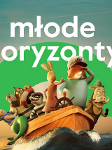 Plakat, na łodzi płyną bohaterowie dziecięcych animacji, nad nimi napis młode horyzonty.
