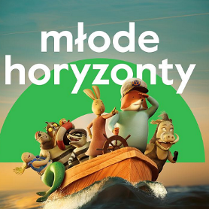 Plakat, na łodzi płyną bohaterowie dziecięcych animacji, nad nimi napis młode horyzonty.