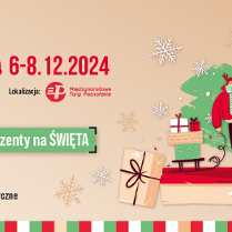 Plakat informujący o festiwalu prezentów, utrzymany w konwencji świątecznej, na beżowym tle.