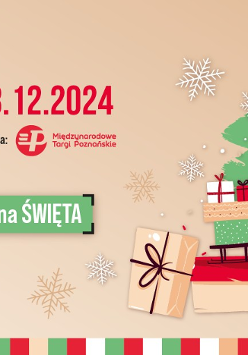 Plakat informujący o festiwalu prezentów, utrzymany w konwencji świątecznej, na beżowym tle.