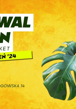 Tekst na jasnożółtym tle jest napisany dużą czarną czcionką, dzięki czemu jest łatwy do odczytania. Po prawej stronie znajdują się duże zielone liście monstery, podkreślające roślinny motyw festiwalu. Plakat wygląda kolorowo i przyciąga wzrok swoją naturalną estetyką i obietnicą bezpłatnego wstępu.