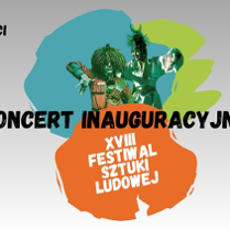 Plakat, który reklamuje XVIII Festiwal Sztuki Ludowej. Pośrodku artyści w tanecznych pozach, dookoła nich kolorowe plamy, a na nich napisy informujące o wydarzeniu.