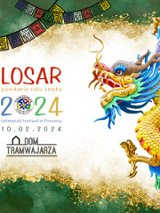 "FLosar powitanie Roku Smoka. 2014. Tybetański Festiwal w Poznaniu 10.02.2024 Dom Tramwajarza". Po prawej stronie kolorowy smok.