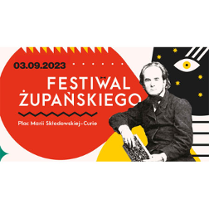 "03.09.2023 Festiwal Żupańskiego. Plac Marii Skłodowskiej-Curie". Po prawej stronie Jan Konstanty Żupański z książką.
