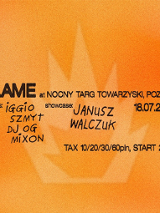 Pomarańczowe tło z czarnym napisem "Flame at nocny targ towarzyski, Poznań"