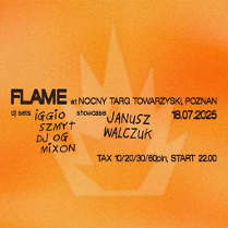 Pomarańczowe tło z czarnym napisem "Flame at nocny targ towarzyski, Poznań"