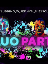 Plakat ze zdjęciami osób pomalowanymi fluorescencyjnymi farbami w tanecznych pozach.