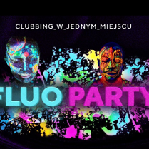 Plakat ze zdjęciami osób pomalowanymi fluorescencyjnymi farbami w tanecznych pozach.