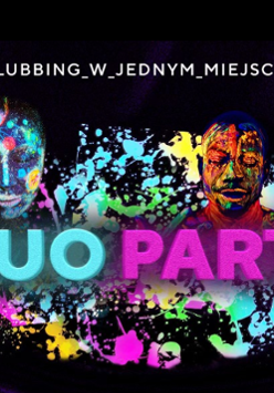 Plakat ze zdjęciami osób pomalowanymi fluorescencyjnymi farbami w tanecznych pozach.