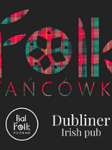Plakat "Folk Tancówka" z kolorową typografią w szkocką kratę oraz logo Bal Folk Poznań i Dubliner Irish Pub na czarnym tle.